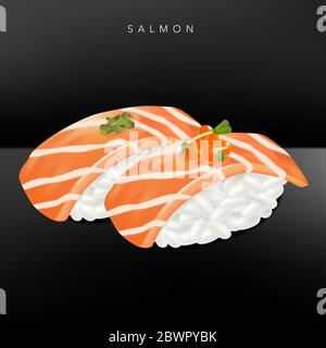 Vector Japanese Fine Dining or Sushi Bar Restaurant Realistic Salmon Sushi Illustration with Salmon Roe for Menu or Advertising. Stock Vector