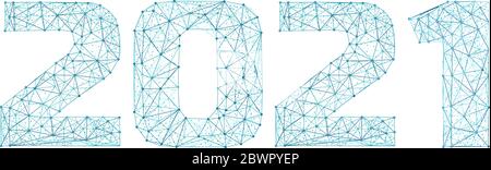 2021 year triangle 3d digital web banner with futuristic numbers isolated on white background. Abstract vector polygonal wireframe consisting of dots, Stock Vector