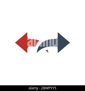 Two Horizontal Parallel Arrows Separating Ways, opposite direction arrows. Stock vector illustration isolated on white background. Stock Vector