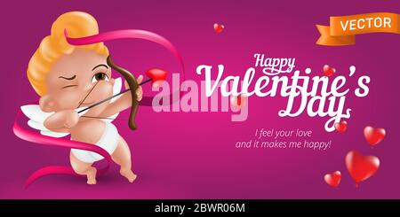 Happy Valentine’s Day web banner or flyer with baby cupid and bow, pink ribbon and 3D hearts. Vector illustration for February 14 Day of love holiday. Stock Vector