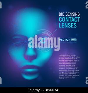 Bio-sensing contact lenses in realistic cyber mind face with polygonal shapes. Virtual artificial intelligence. Vector humanoid 3D digital concept ill Stock Vector