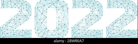 2022 year triangle 3d digital web banner with futuristic numbers isolated on white background. Abstract vector polygonal wireframe consisting of dots, Stock Vector