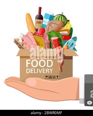 Cardboard box with fresh products in hand. Delivery concept. Grocery store, supermarket. Food and drinks. Milk, vegetables, meat, salad, bread cereal steak egg. Vector illustration flat style Stock Vector