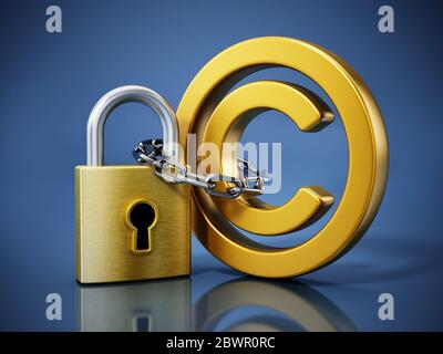 Padlock chained to copyright symbol. 3D illustration. Stock Photo