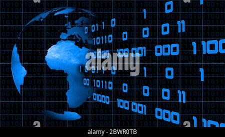 Binary concept background in blue colour - binary code flow away from earth globe - 3D illustration Stock Photo