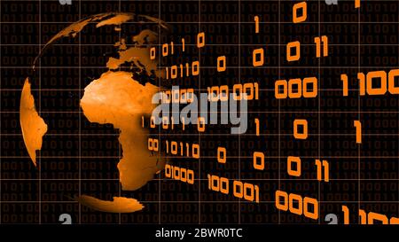 Binary concept background in orange colour - binary code flow away from earth globe - 3D illustration Stock Photo