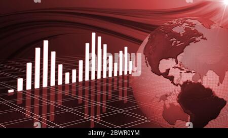 Financial and business chart and graphs with reflections on the floor - earth globe in front and abstract colored waves in background in red colour - Stock Photo