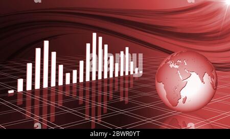 Financial and business chart and graphs with reflections on the floor - earth globe in front and abstract colored waves in background in red colour - Stock Photo