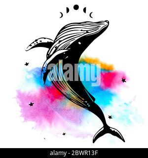 Space whale print for t-shirts or cards. hand drawn whale on watercolor background. Stock Vector