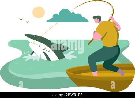 Big fishing cartoon poster for fisher man catching fish on lake or river. Vector  fisherman camping tent and fire, pike, marlin or tuna and salmon with Stock  Vector Image & Art 