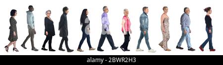 group of mixed people walking on white Stock Photo