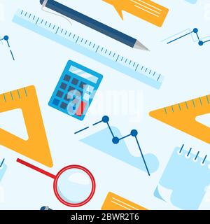 Flat Lay Business Seamless Pattern With Notepad Calculator Ruler Magnifier Glass Ballpoint Pen Chart Graph Flat Vector Illustration Stock Vector Image Art Alamy