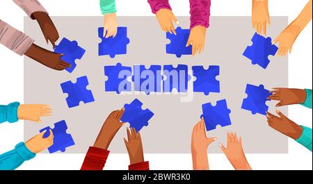 Hands of diverse people with puzzles vector illustration. Solving problems with team, making decisions. Hands assembling jigsaw puzzle, african and Stock Vector