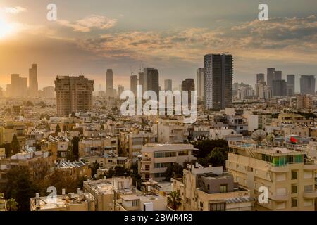Sunrise over Tel Aviv's city skyscrapers, Tel Aviv, Israel, Middle East Stock Photo
