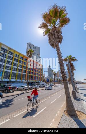 View of cyclist on Hayarkon Street, Tel Aviv, Israel, Middle East Stock Photo
