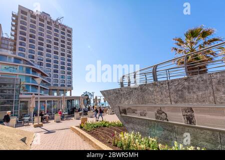 View of public garden commemorating first migrants who reached Israel by sea, London Square, Jaffa, Tel Aviv, Israel, Middle East Stock Photo