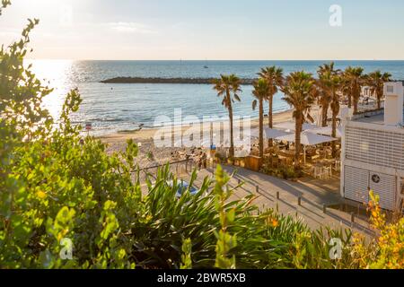 View of beach side cafe on Nordau Segregated Beach, Tel Aviv, Israel, Middle East Stock Photo