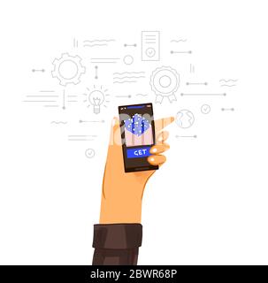 Making money online vector flat concept. Human hand with phone and envelope with money and business and work graph and infographics of online work Stock Vector