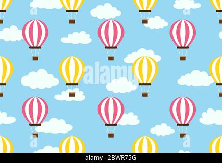 Seamless pattern of hot air balloon on cloud sky background Stock Vector
