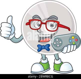 Cartoon mascot design of compact disk play a game with controller Stock Vector