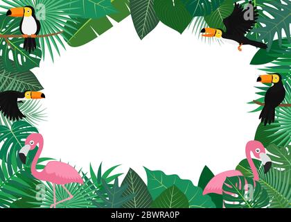 Vector illustration of frame made of green tropical leaves with flamingo and toucan on white background Stock Vector