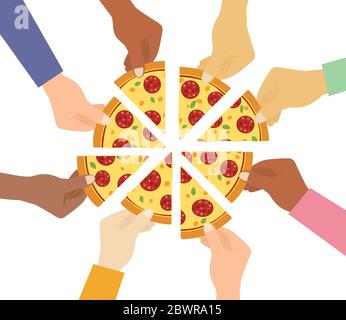 Top view of people hands taking pizza slices on white background - Vector illustration Stock Vector