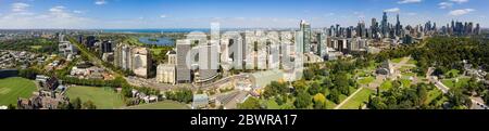 Melbourne Australia February 4th 2020 : Aerial panoramic image of the city of Melbourne and the Shrine of Rememberance from the Botanic Gardens Stock Photo