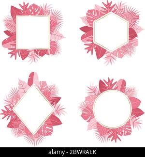 Collection of exotic botanical design tropical pink leaves frame vector set on white background - Vector illustration Stock Vector
