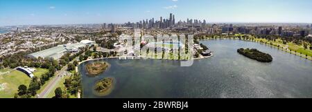 Melbourne Australia February 4th 2020 : Aerial view of Albert Park lake and city of Melbourne in the background