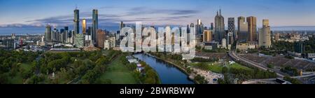 Melbourne Australia February 2nd 2020 : Dawn aerial panoramic view of the beautiful Melbourne city skyline Stock Photo