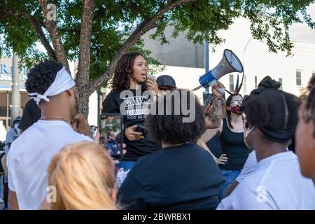 Burlington, Iowa, USA. 2nd June, 2020. Several hundred protesters held a peaceful march for police brutality victim George Floyd in Burlington, Iowa, USA. Local activists, politicians; pastors, and the police chief spoke at the rally. Credit: Keith Turrill/Alamy Live News Stock Photo