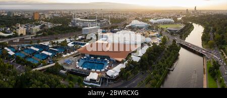 Melbourne Australia February 2nd 2020 : Aerial panoramic view in beautiful warm dawn light of the Rod Laver arena, AAMI Stadium and MCG Stock Photo