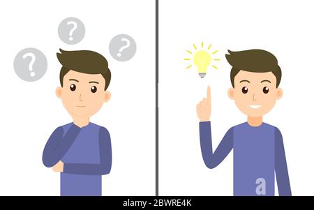 Vector illustration of a man thinking with many bubble questions and blink idea with a light bulb icons. Stock Vector
