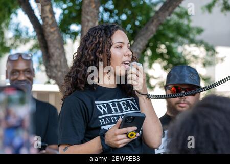 Burlington, Iowa, USA. 2nd June, 2020. Several hundred protesters held a peaceful march for police brutality victim George Floyd in Burlington, Iowa, USA. Local activists, politicians; pastors, and the police chief spoke at the rally. Credit: Keith Turrill/Alamy Live News Stock Photo