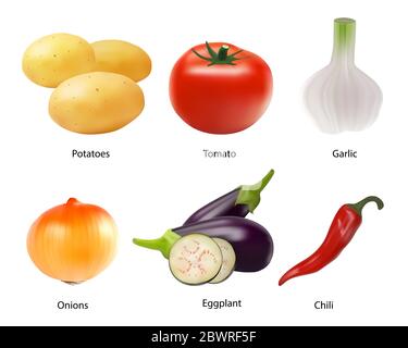 Colourful collection of vegetables on a white background in realistic style. Tomato, garlic, potatoes, onions, eggplant, peppers. Sign, symbol, icon Stock Vector