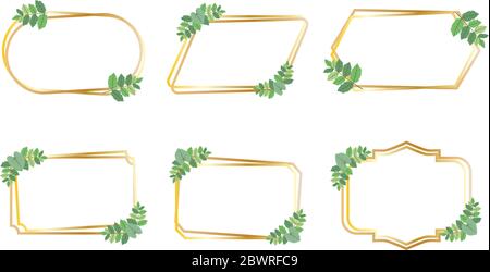 Collection of golden frames with green leaves design vector set Stock Vector