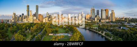 Melbourne Australia February 2nd 2020 : Dawn aerial panoramic image of rowers training on the Yarra River in the city of Melbourne Australia Stock Photo