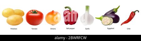 Colourful collection of vegetables on a white background in realistic style. Tomato, garlic, Bell pepper, potatoes, onions, eggplant, peppers. Sign Stock Vector