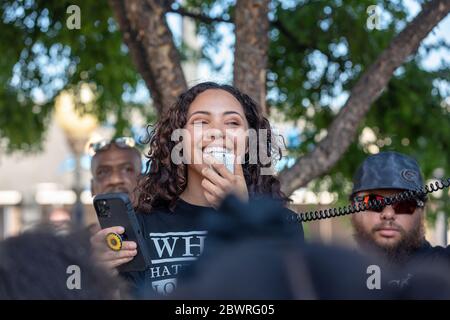 Burlington, Iowa, USA. 2nd June, 2020. Several hundred protesters held a peaceful march for police brutality victim George Floyd in Burlington, Iowa, USA. Local activists, politicians; pastors, and the police chief spoke at the rally. Credit: Keith Turrill/Alamy Live News Stock Photo