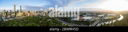 Melbourne Australia February 2nd 2020 : Sweeping aerial panorama of the city of Melbourne, Yarra River and through to AAMI stadium at dawn Stock Photo