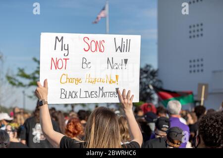 Burlington, Iowa, USA. 2nd June, 2020. Several hundred protesters held a peaceful march for police brutality victim George Floyd in Burlington, Iowa, USA. Local activists, politicians; pastors, and the police chief spoke at the rally. Credit: Keith Turrill/Alamy Live News Stock Photo