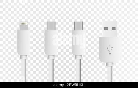 Most of standard USB type-C plugs, micro, lightning, universal computer white cable connectors, top view. Vector eps10 Stock Vector