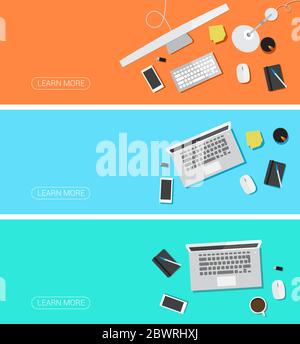 Work Desk with Computer & Laptop Stock Vector