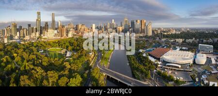 Melbourne Australia February 2nd 2020 : Aerial panoramic view of the Rod Laver arena and the city of Melbourne Australia Stock Photo