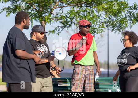 Burlington, Iowa, USA. 2nd June, 2020. Several hundred protesters held a peaceful march for police brutality victim George Floyd in Burlington, Iowa, USA. Local activists, politicians; pastors, and the police chief spoke at the rally. Credit: Keith Turrill/Alamy Live News Stock Photo