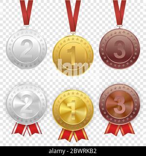 Set of gold, silver and bronze award medals with red ribbons. Vector set, isolated on transparent background. Premium badges. Coins buttons icons. Stock Vector