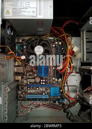 Kiev, Ukraine - May, 29: Digital hardware closeup. Microchips assembly, hardware and accessories on the circuit board macro Stock Photo