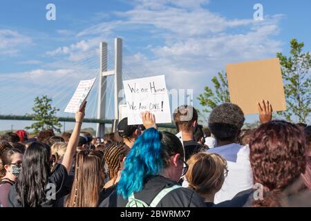 Burlington, Iowa, USA. 2nd June, 2020. Several hundred protesters held a peaceful march for police brutality victim George Floyd in Burlington, Iowa, USA. Local activists, politicians; pastors, and the police chief spoke at the rally. Credit: Keith Turrill/Alamy Live News Stock Photo