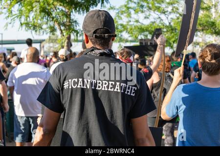 Burlington, Iowa, USA. 2nd June, 2020. Several hundred protesters held a peaceful march for police brutality victim George Floyd in Burlington, Iowa, USA. Local activists, politicians; pastors, and the police chief spoke at the rally. Credit: Keith Turrill/Alamy Live News Stock Photo