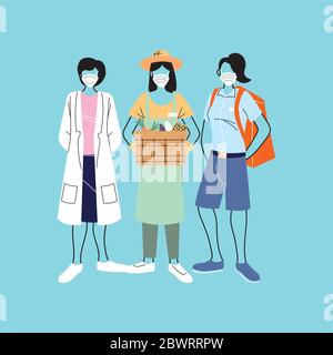 thank you essential workers, various occupations people wearing face masks vector illustration design Stock Vector